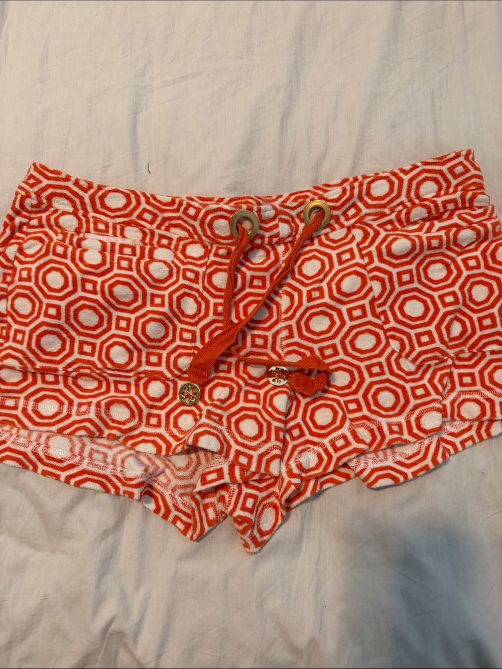 Tory Burch Orange & White Geometric Terry Shorts
